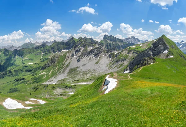 Bergslandskap Början Sommaren Allgu Alperna Med Blommande Ängar Och Tidigare — Stockfoto