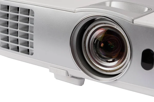 Close Lens White Home Cinema Projector Isolated White — Stock Photo, Image