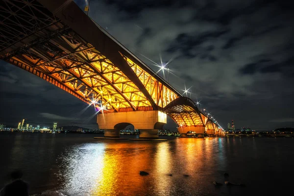 Seongsan Bridge Han Folyó Során Naplemente Idő Amikor Híd Világít — Stock Fotó