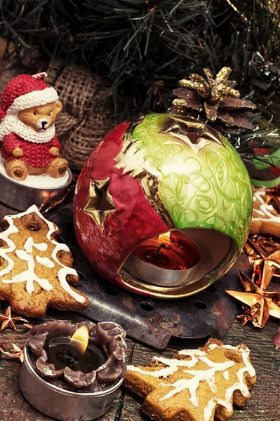 Рождественские Украшения Игрушки Деревянном Фоне — стоковое фото
