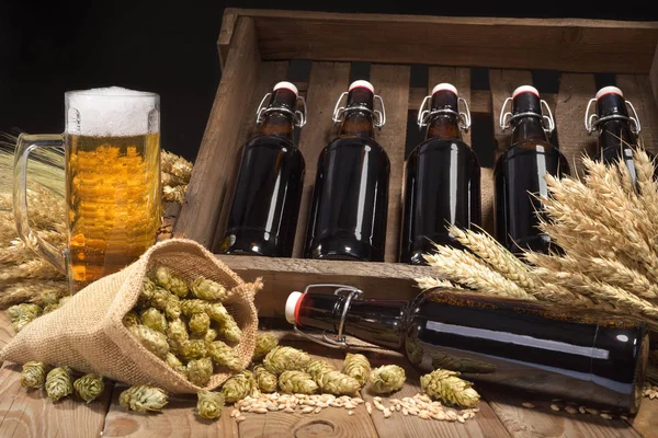 Bira Kutusu Bir Bardak Birayla Buğday Arpa Zıpla Malt — Stok fotoğraf