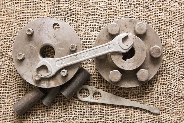 Old Rusty Tools Details Rough Fabric Instruments Sacking — Stock Photo, Image