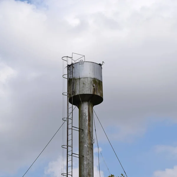 Cigüeña Techo Una Torre Agua Nido Cigüeña — Foto de Stock