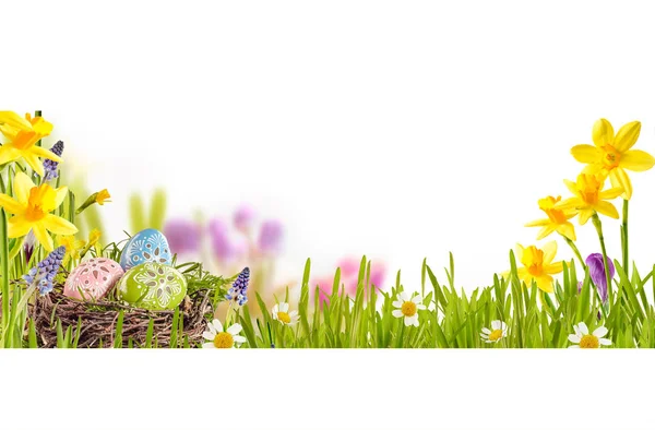 Traditional Decorated Easter Eggs Bird Nest Nestling Fresh Green Grass — Stock Photo, Image