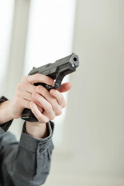 Hand Young Boy Holding Real Hand Gun Pointing Away Camera — Stock Photo, Image