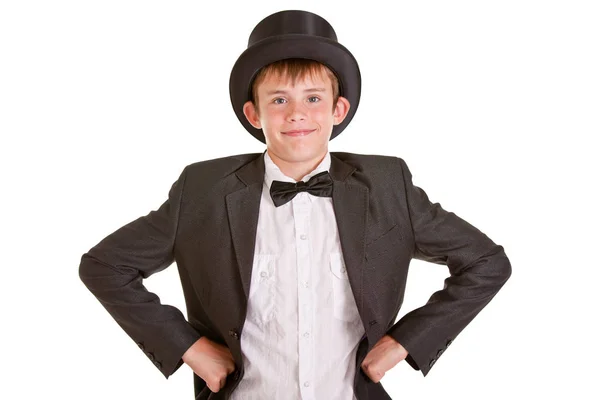 Half Body Shot Young Boy Vintage Formal Wear Top Hat — Fotografia de Stock