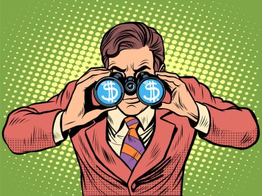 Financial monitoring of currency dollar businessman binoculars pop art retro style clipart