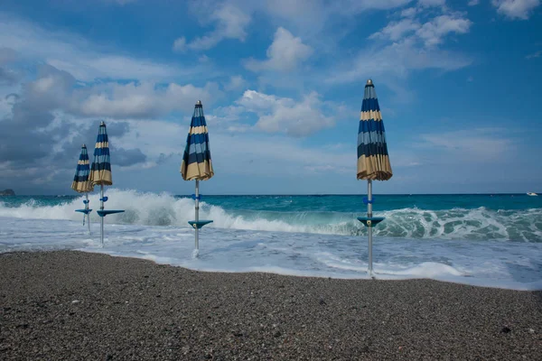 Beach Umbrella Sea Mediterranean Beach Noli Liguria Italy — Stock Photo, Image