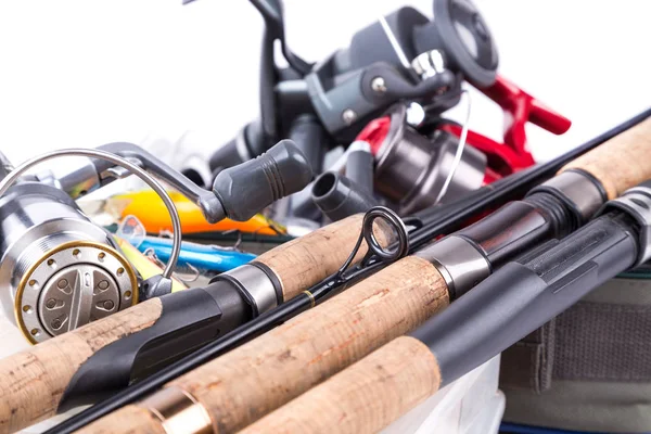 Pesca Affronta Esche Scatola Borsa Sfondo Bianco Attività All Aperto — Foto Stock