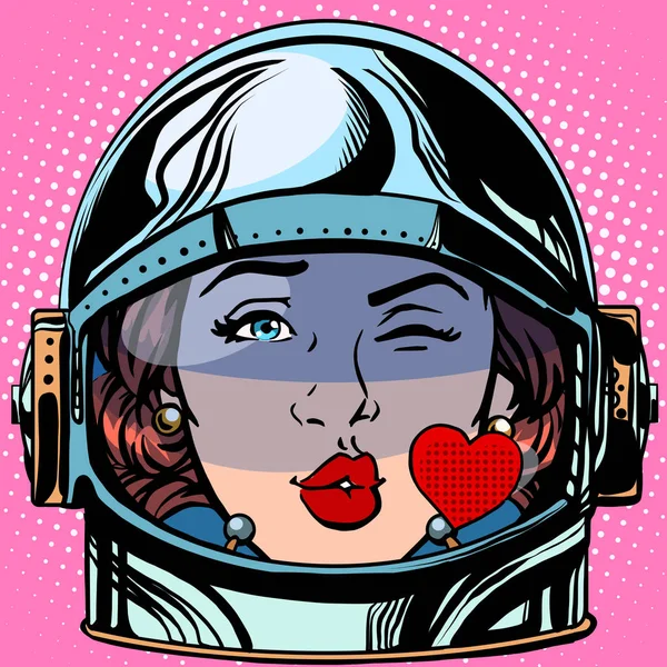 emoticon kiss love Emoji face woman astronaut retro pop art retro style. Emotions face. Vector emoticon
