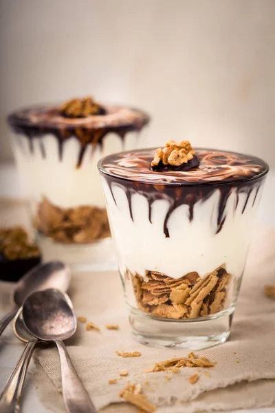 marzipan chocolate dessert with biscuits on a bright underground