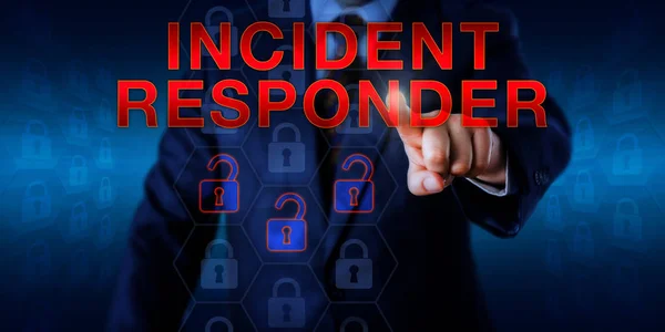 Male manager is pressing INCIDENT RESPONDER on a touch screen. Information security technology concept for a cyber firefighter troubleshooting for the root causes of security gaps and system flaws.