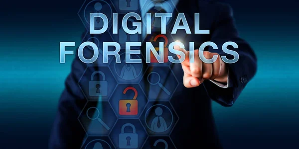 Investigator pushing DIGITAL FORENSICS on a touch screen. Cyber security technology and science concept for the electronic discovery process and investigation of an unauthorized network intrusion..