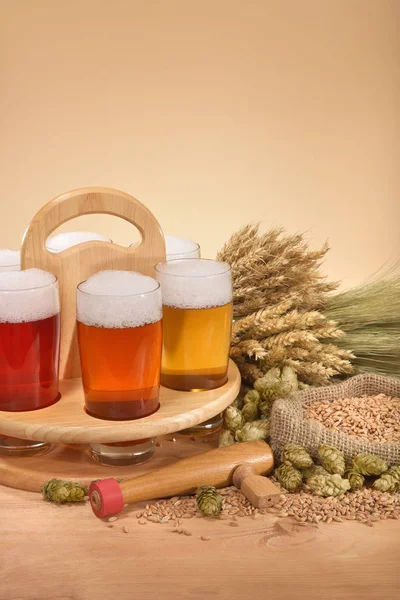 Cervezas Vasos Cerveza Con Trigo Cebada Lúpulo Malta —  Fotos de Stock