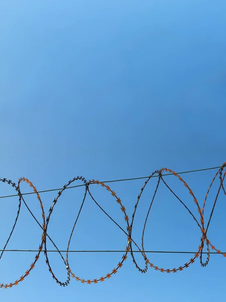 Schutz Vor Stacheldraht Vor Hellblauem Himmel — Stockfoto