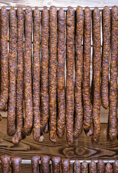 Handmade Sausages Display Foodmarket — Stock Photo, Image