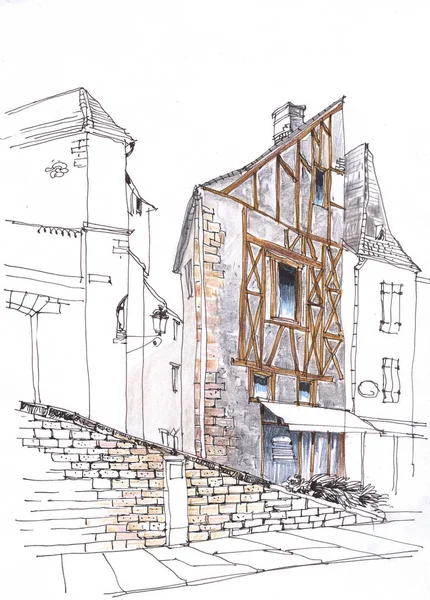 旧欧洲小镇街道碎片 建筑和建筑 中世纪的建筑 法国城市练习曲 — 图库照片