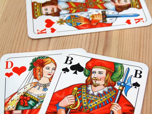 Trzy Karty Talii Kart Królowa Król Walet — Zdjęcie stockowe