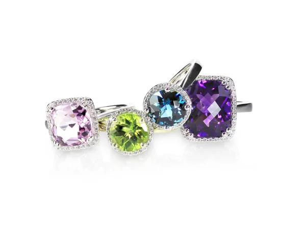 Scattered Gemstone Diamond Halo Fine Jewelry Rings Grouping — Stock Photo, Image