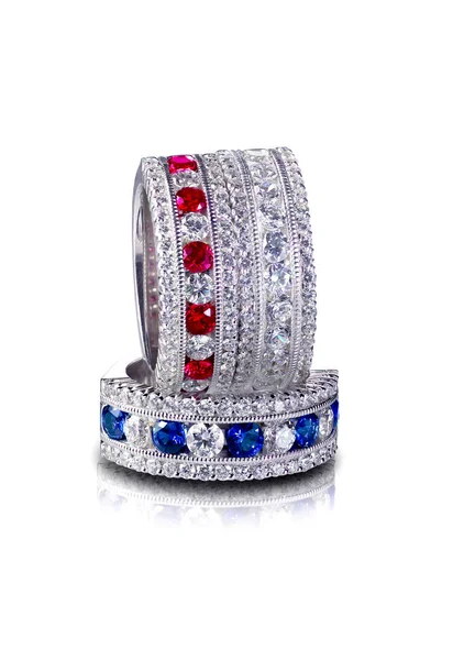 Piros Fehér Kék Készlet Gyémánt Drágakő Gyűrűk Egymásra Rubin Zafír — Stock Fotó
