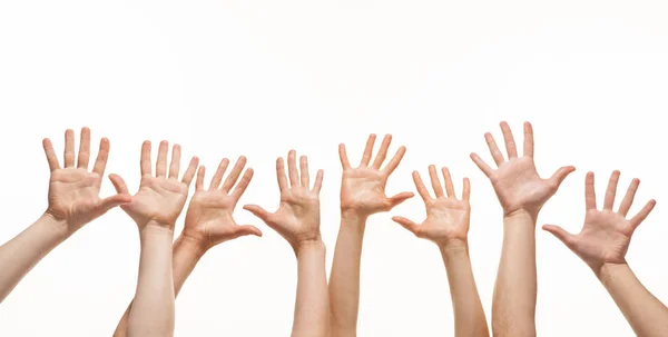 Muchas Manos Extendiéndose Aire Fondo Blanco Espacio Para Copiar — Foto de Stock