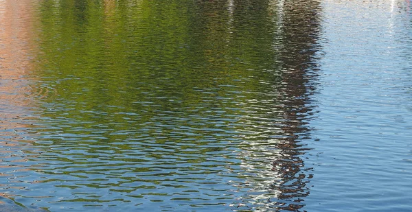 Reflexões Árvores Água Azul Calma Uma Lagoa Útil Como Fundo — Fotografia de Stock