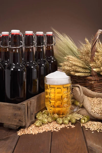 Bira Kutusu Bira Bardağı Buğday Arpa Şerbetçiotu Malt — Stok fotoğraf