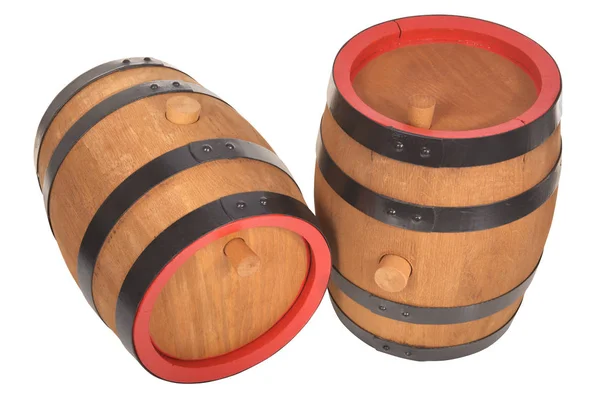 Twee Oude Biervaten Met Rode Ringen Geïsoleerd Wit — Stockfoto