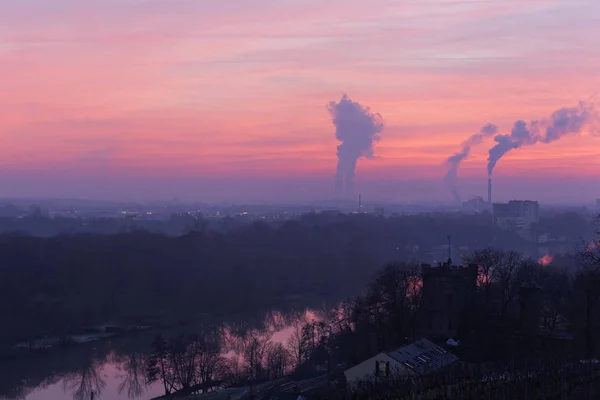 view from the peterstirn with its vineyards on the industrial city of schweinfurt and its surroundings in the maine plain,lower franconia,bavaria,germany