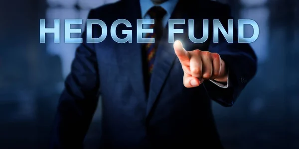 Portfoliomanager Zeigt Auf Einem Interaktiven Touchscreen Auf Den Hedgefonds Finanzmetapher — Stockfoto