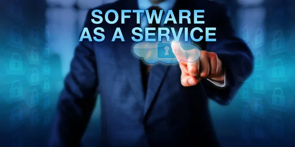 仮想画面上のサービスとしてソフトウェアに触れる企業のクライアント サースとも呼ばれる 中央ホスティングサービスと契約モデルを介してソフトウェアライセンスのビジネスと技術の概念 — ストック写真