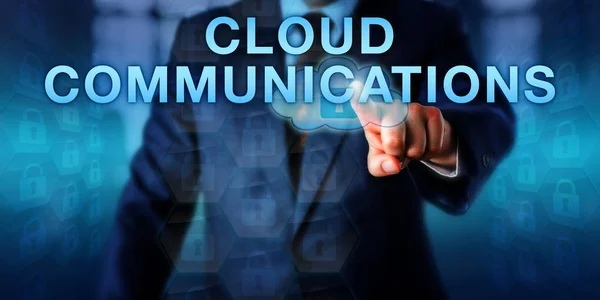 Şirket Müşterisi Dokunmatik Ekranda Cloud Communications Zorluyor Dış Üçüncü Şahıs — Stok fotoğraf