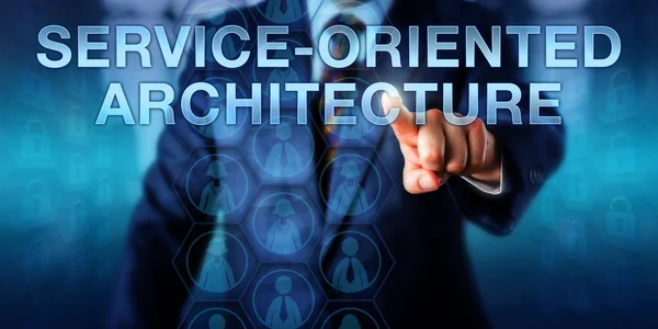 System Designer Pushing Service Oriented Architecture Touch Screen Interface Business — Stock Photo, Image