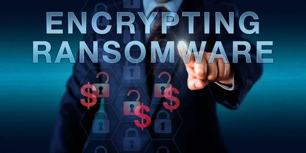 Infected Computer User Pressing Encrypting Ransomware Touch Screen Interface Cyber — Stock Photo, Image