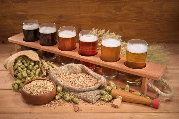 Biere Mit Vielen Verschiedenen Bieren Weizen Gerste Hopfen Und Malz — Stockfoto