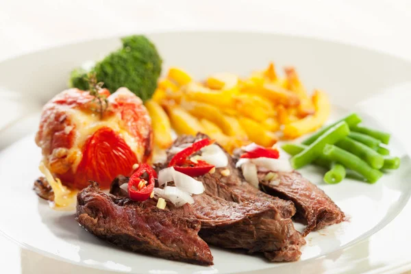 Grilled Steak French Fries Tomatoes — Stock Photo, Image