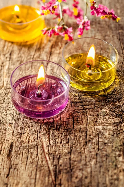 Vertical Candle Image Wooden Background Three Candlelights Rustic Board Beautiful — Stock Photo, Image