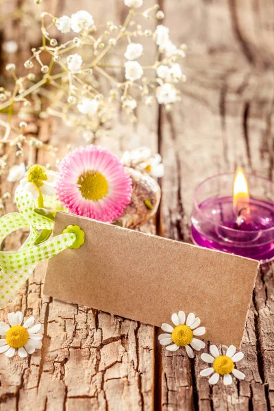 Virágzó Virágzó Tábla Ősi Asztalon Üres Címke Tavaszi Kártyákhoz Vagy — Stock Fotó