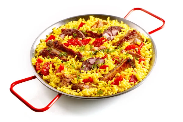 Isolated Single Pan Full Spare Ribs Spanish Rice Garnished Red — Stock Photo, Image