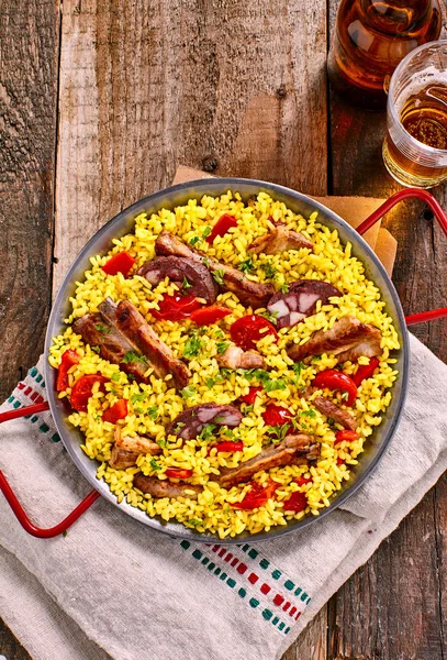 High Angle View Paella Dish Yellow Rice Served Handled Pan — 스톡 사진