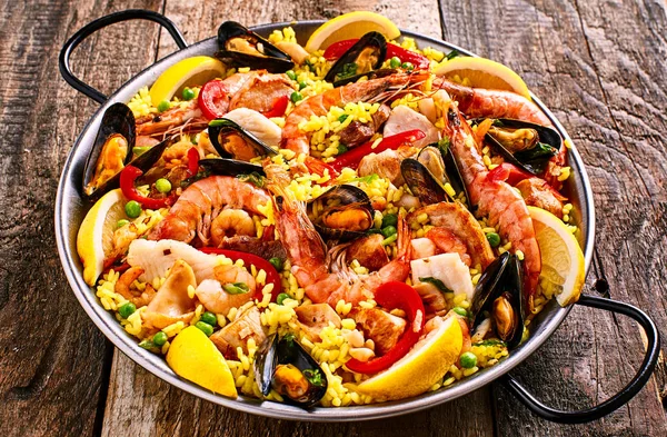 High Angle Close Colorful Seafood Spanish Paella Rice Dish Shrimp — Stok Foto