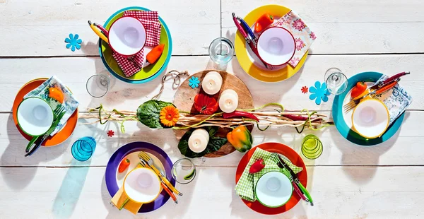 Kleurrijke Tropische Zomer Picknicktafel Set Met Diverse Felgekleurde Servies Gebruiksvoorwerpen — Stockfoto
