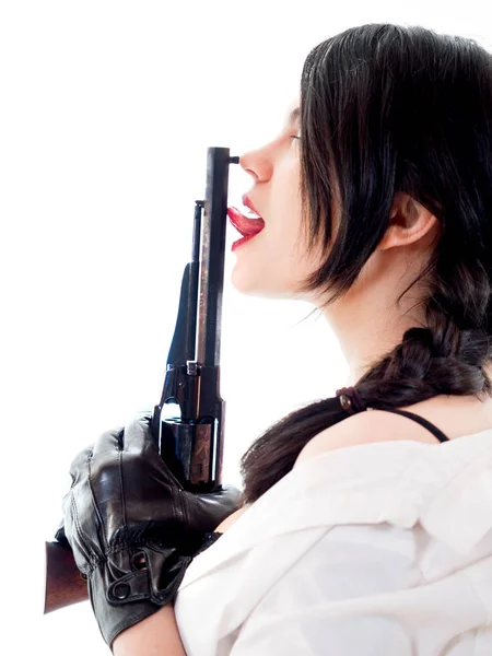 Szexi Lány Megérinti Vele Tonge Egy Régi Revolver — Stock Fotó