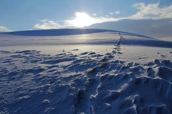 Huellas Solitarias Nieve Rastros Raquetas Nieve Una Montaña Nevada — Foto de Stock