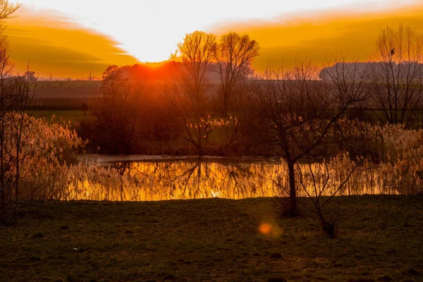 Solnedgång Låglandet Våren — Stockfoto