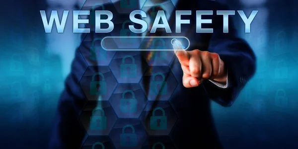 Corporate Internet User Pressing Web Safety Touch Screen Interface Information — Stock Photo, Image