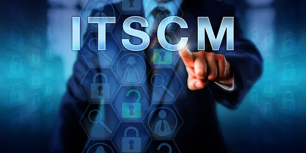 ビジネスプランニング管理者は タッチスクリーンインターフェース上でItscmをプッシュしています 情報技術サービスの継続的な管理プロセスのための技術概念とビジネス比喩 — ストック写真