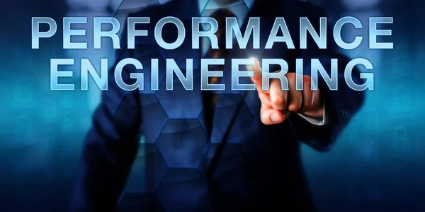 Systems Engineer Duwt Performance Engineering Een Virtueel Scherm Bedrijfsmetafoor Informatietechnologie — Stockfoto