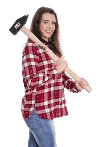 Young Woman Carrying Sledgehammer His Shoulder — Stock Photo, Image