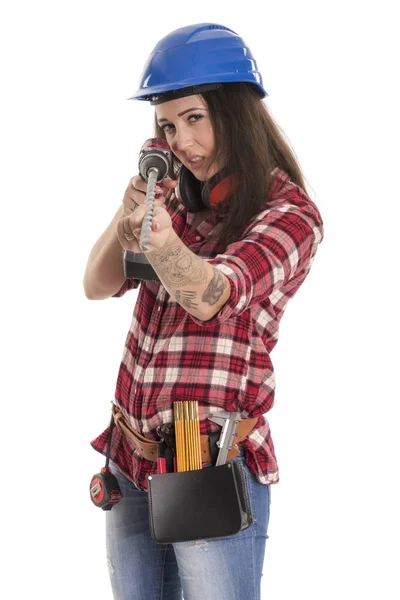 Artesão Feminino Com Capacete Construção Segurando Uma Broca — Fotografia de Stock